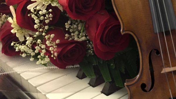 Roses on a piano with a violin