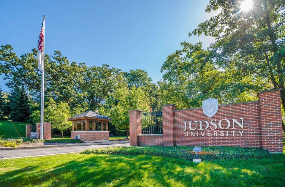 Judson's flag entrance showing the Judson sign.